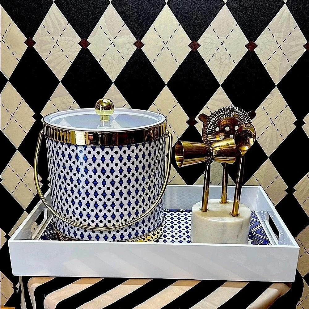 Blue & White Ice Bucket, Lid & Tray Set with Gold‎ Trim | Bar Cart Glam